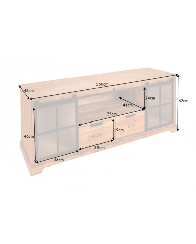 Meuble TV avec portes coulissantes et 1 tiroirs en bois de pin 160 cm RUSTIKA
