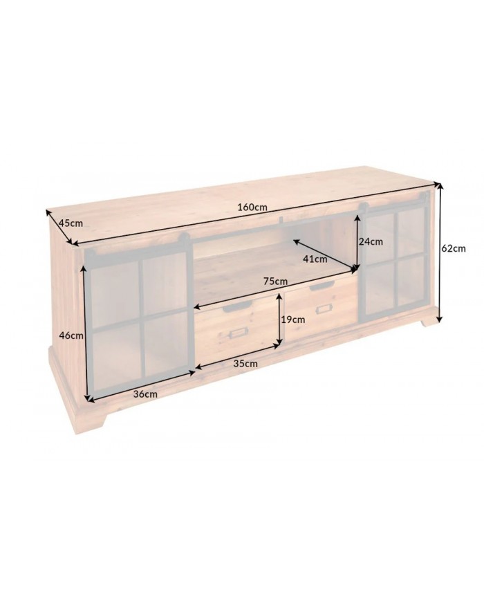 Meuble TV avec portes coulissantes et 1 tiroirs en bois de pin 160 cm RUSTIKA