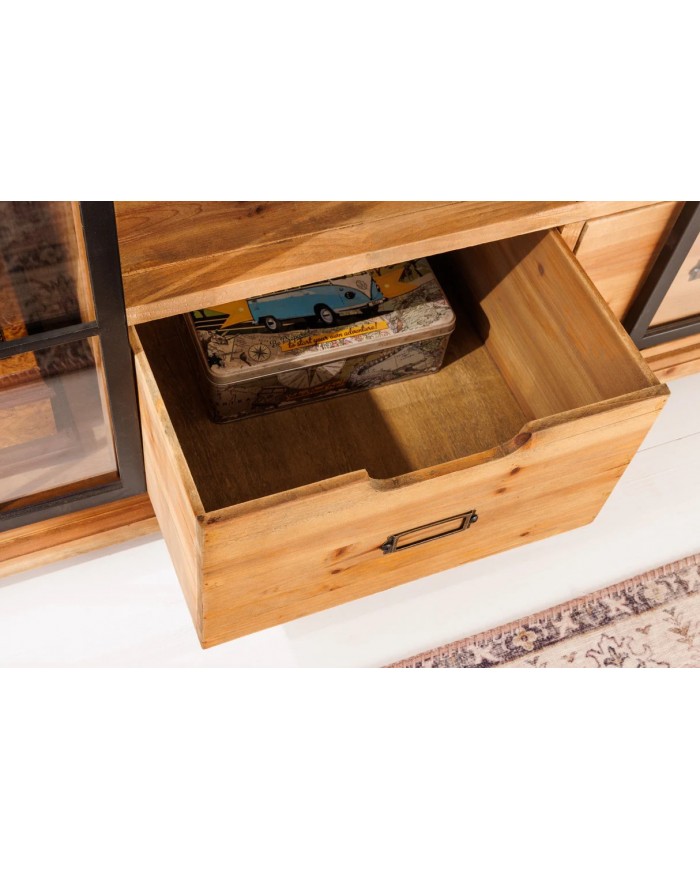 Meuble TV avec portes coulissantes et 1 tiroirs en bois de pin 160 cm RUSTIKA