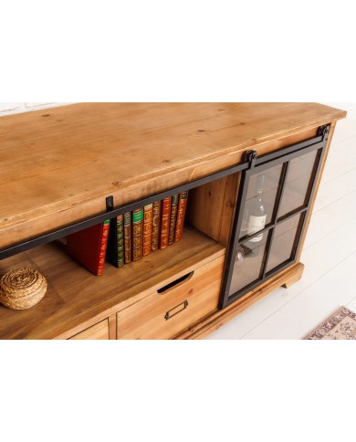 Meuble TV avec portes coulissantes et 1 tiroirs en bois de pin 160 cm RUSTIKA