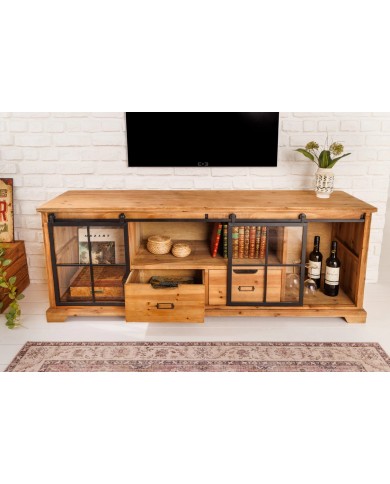 Meuble TV avec portes coulissantes et 1 tiroirs en bois de pin 160 cm RUSTIKA