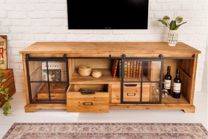 Meuble TV avec portes coulissantes et 1 tiroirs en bois de pin 160 cm RUSTIKA