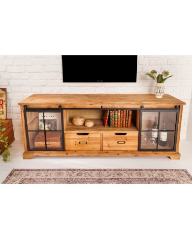 Meuble TV avec portes coulissantes et 1 tiroirs en bois de pin 160 cm RUSTIKA
