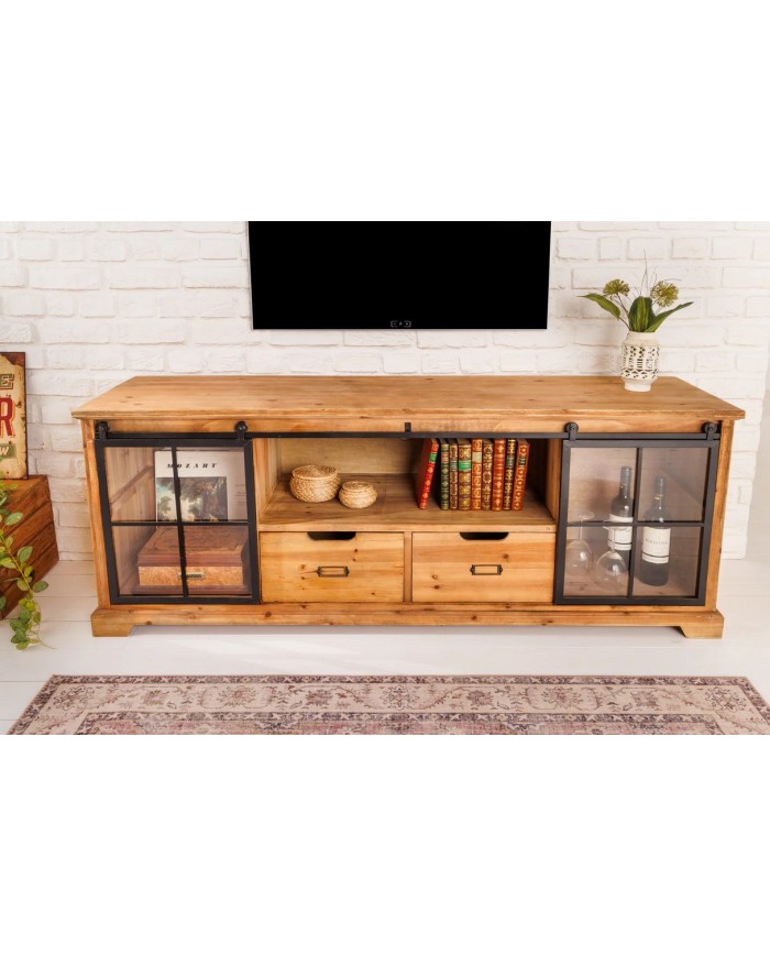 Meuble TV avec portes coulissantes et 1 tiroirs en bois de pin 160 cm RUSTIKA