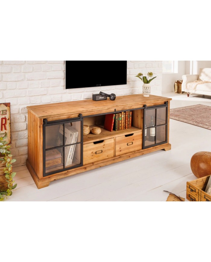 Meuble TV avec portes coulissantes et 1 tiroirs en bois de pin 160 cm RUSTIKA