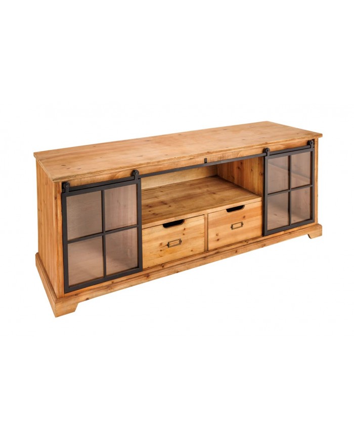 Meuble TV avec portes coulissantes et 1 tiroirs en bois de pin 160 cm RUSTIKA
