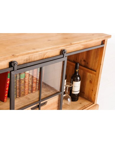 Meuble TV avec portes coulissantes et 1 tiroirs en bois de pin 160 cm RUSTIKA