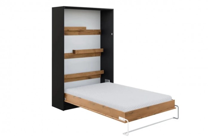 Armoire lit escamotable relevable vertical 140x200 cm chêne lancelot et noir Premium