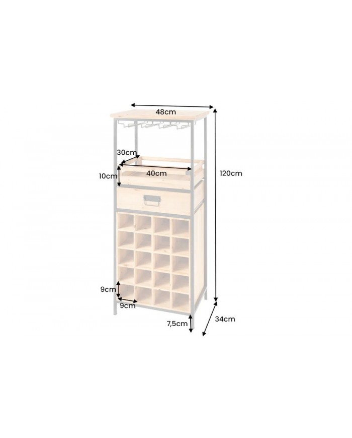 Bar étagère à vin 120cm pour 20 bouteilles et verres en bois de pin BLACK PEARL