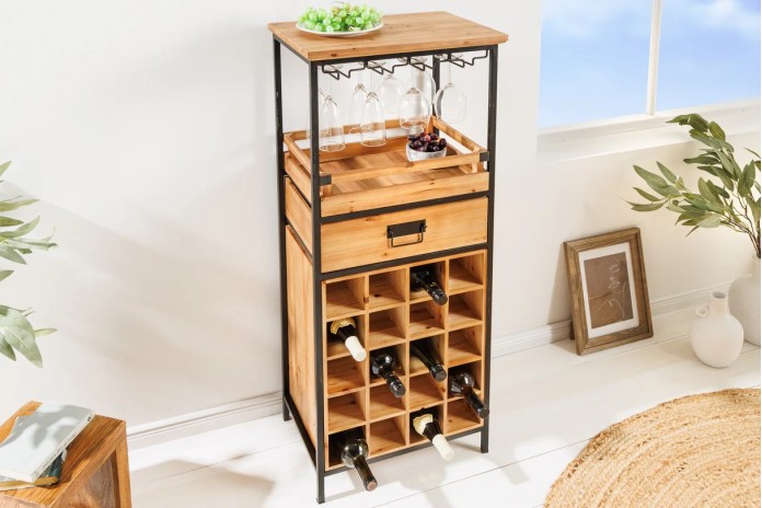 Bar étagère à vin 120cm pour 20 bouteilles et verres en bois de pin BLACK PEARL
