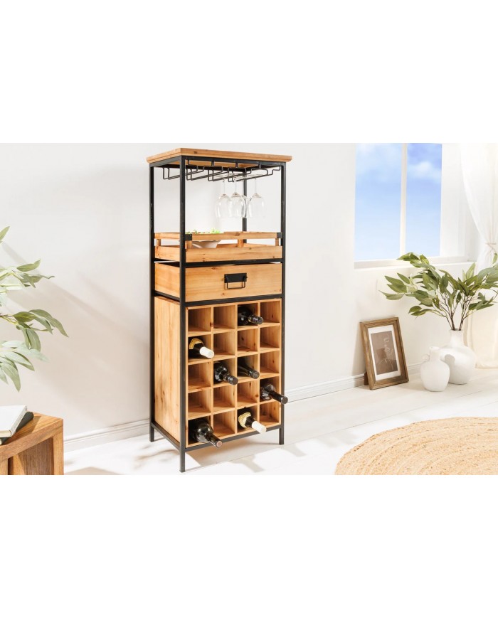 Bar étagère à vin 120cm pour 20 bouteilles et verres en bois de pin BLACK PEARL