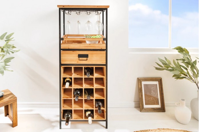 Bar étagère à vin 120cm pour 20 bouteilles et verres en bois de pin BLACK PEARL