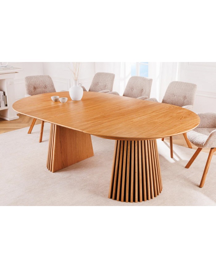 Table à manger ronde extensible ARBOREA – Chêne naturel ou foncé  De 120 à 200 cm – Élégance brute, précision mécanique.
