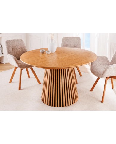 Table à manger ronde extensible ARBOREA – Chêne naturel ou foncé  De 120 à 200 cm – Élégance brute, précision mécanique.