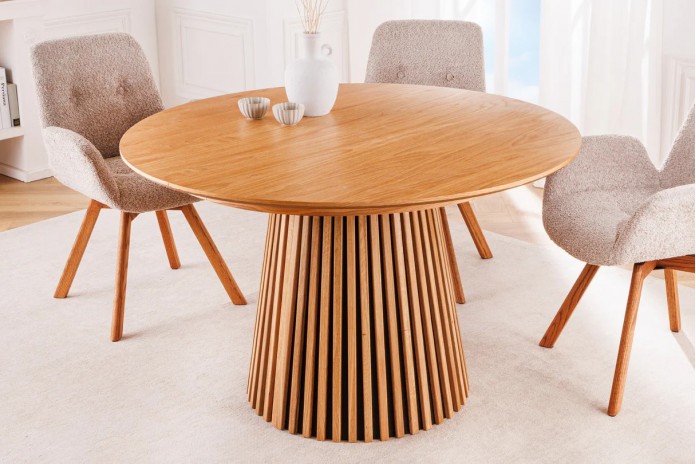 Table à manger ronde extensible ARBOREA – Chêne naturel ou foncé  De 120 à 200 cm – Élégance brute, précision mécanique.