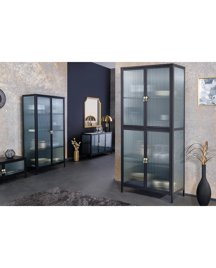 Buffet vitrine 105 cm en verre strié noir ONYX