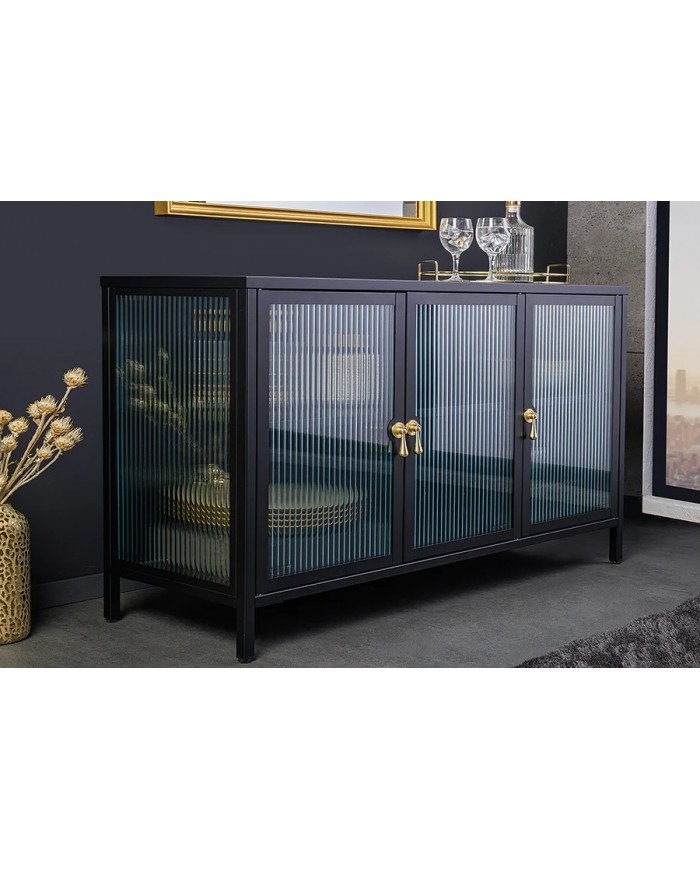 Buffet vitrine 105 cm en verre strié noir ONYX