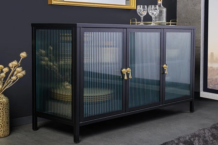 Buffet vitrine 105 cm en verre strié noir ONYX