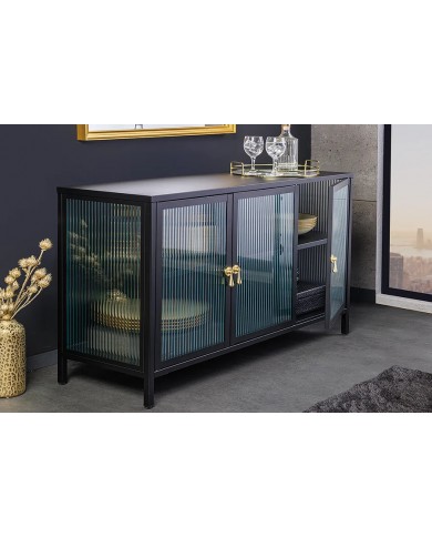 Buffet vitrine 105 cm en verre strié noir ONYX