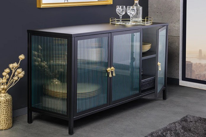 Buffet vitrine 105 cm en verre strié noir ONYX