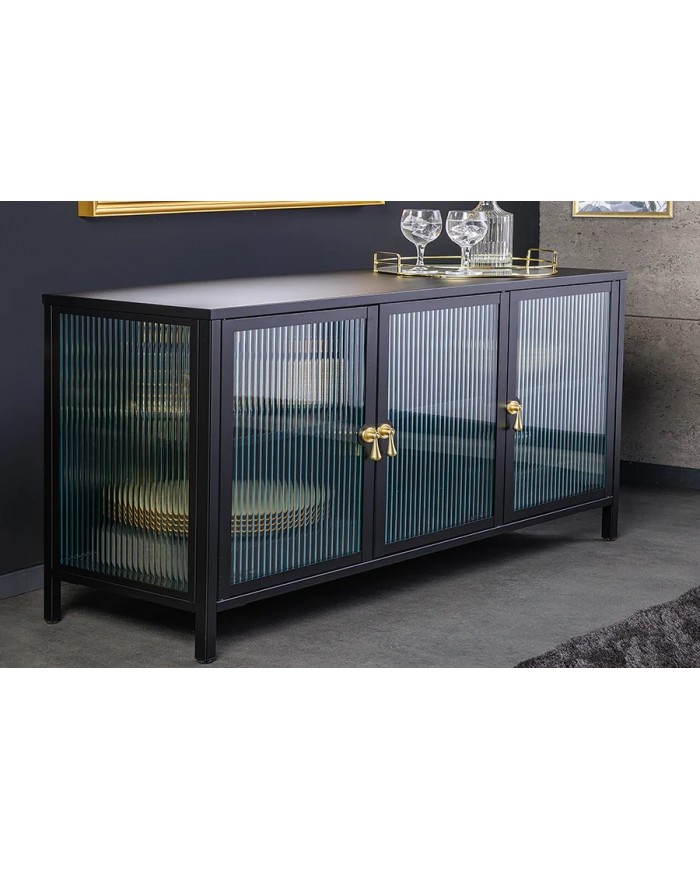 Buffet vitrine 105 cm en verre strié noir ONYX
