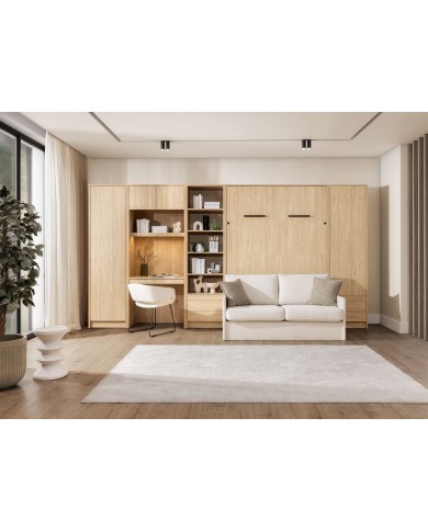 Pack : Armoire lit escamotable avec canapé intégré 140x200 cm Chêne huilé  + 2 armoires Chêne huilé + Matelas  140x200 cm