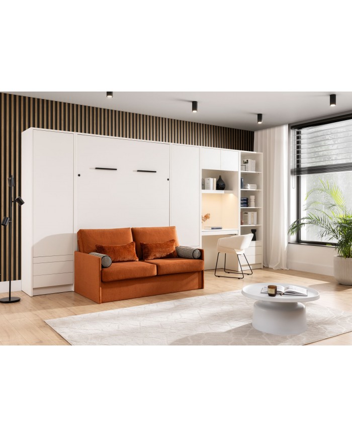 Armoire lit escamotable avec canapé Intégré 140x200 cm blanc mat + Matelas 140x200 cm + 2 oreillers offerts