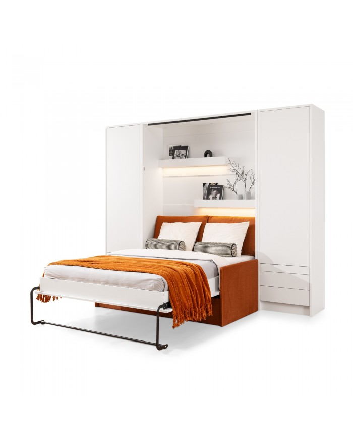 Armoire lit escamotable avec canapé Intégré 140x200 cm blanc mat + Matelas 140x200 cm + 2 oreillers offerts