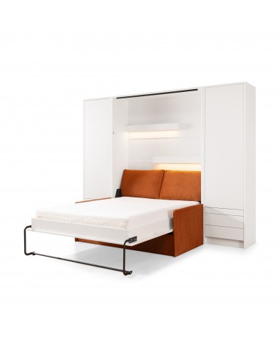 Armoire lit escamotable avec canapé Intégré 140x200 cm blanc mat + Matelas 140x200 cm + 2 oreillers offerts