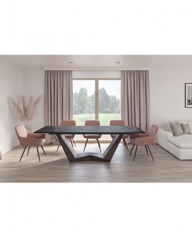 Table céramique noir Greco effet marbre pieds MDF Noyer 200(rallonge 250)x98x76 cm - NOARA