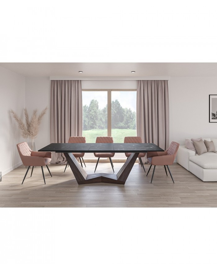 Table céramique noir Greco effet marbre pieds MDF Noyer 200(rallonge 250)x98x76 cm - NOARA