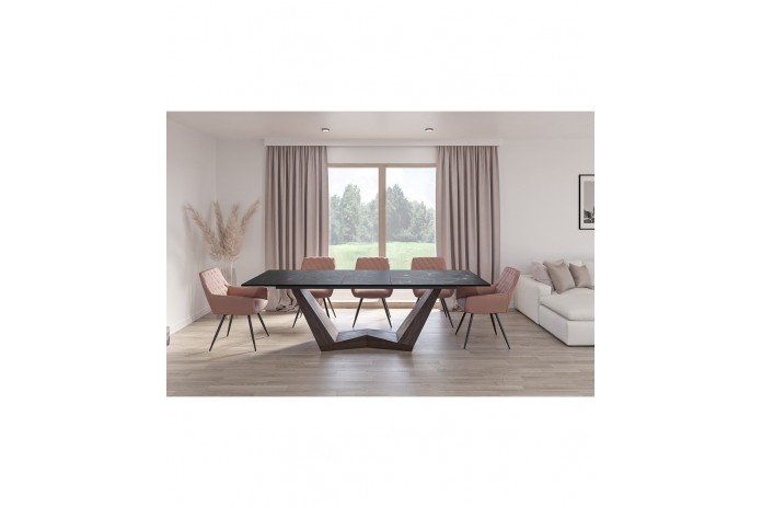 Table céramique noir Greco effet marbre pieds MDF Noyer 200(rallonge 250)x98x76 cm - NOARA