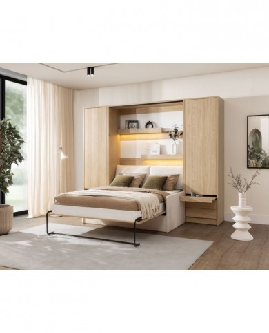 Armoire lit escamotable avec canapé Intégré 140x200 cm Chêne huilé + Matelas 140x200 cm + 2 oreillers offerts