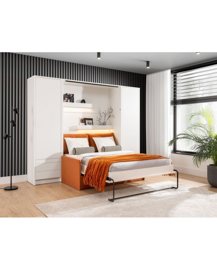 Pack : Armoire lit escamotable avec canapé intégré 140x200 cm blanc mat + 2 armoires blanc mat + Matelas 140x200 cm