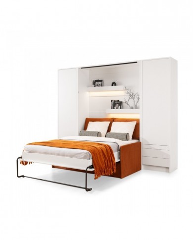 Pack : Armoire lit escamotable avec canapé intégré 140x200 cm blanc mat + 2 armoires blanc mat + Matelas 140x200 cm