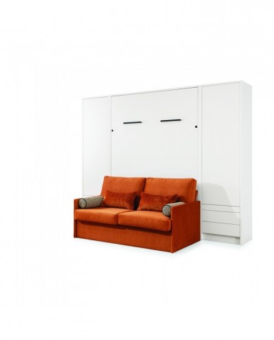 Pack : Armoire lit escamotable avec canapé intégré 140x200 cm blanc mat + 2 armoires blanc mat + Matelas 140x200 cm