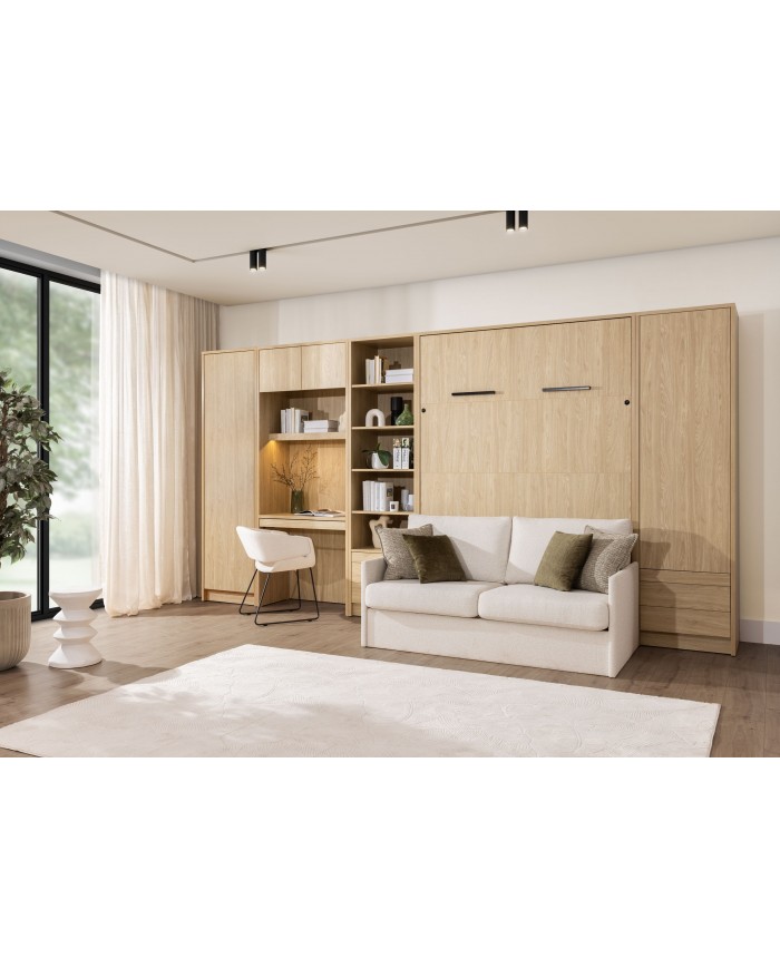Pack : Armoire lit escamotable avec canapé Emma 04 140x200 cm Chêne huilé  + 2 armoires colonne DELUXE
