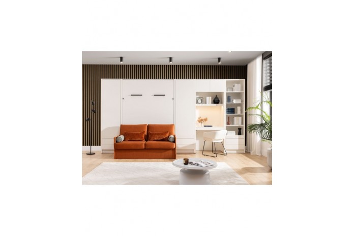Pack : Armoire lit escamotable avec canapé 140x200 cm blanc mat  + 3 armoires + armoire bureau avec LEDs intégrés Deluxe