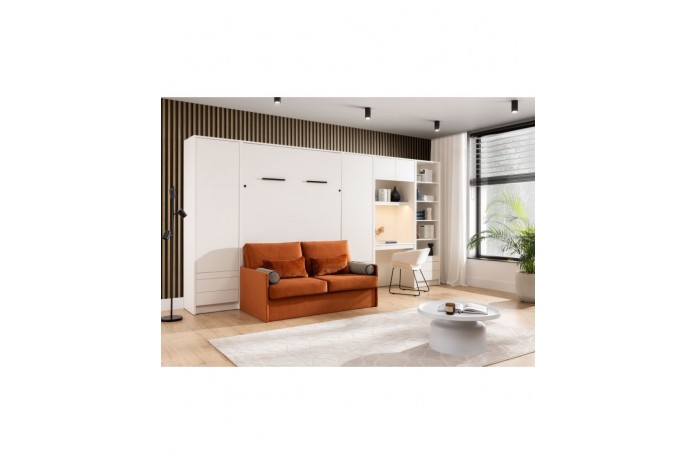 Pack : Armoire lit escamotable avec canapé 140x200 cm blanc mat  + 3 armoires + armoire bureau avec LEDs intégrés Deluxe