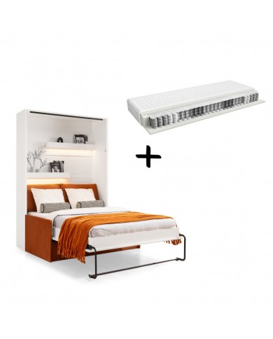 Armoire lit escamotable avec canapé Intégré 140x200 cm blanc mat + Matelas 140x200 cm + 2 oreillers offerts