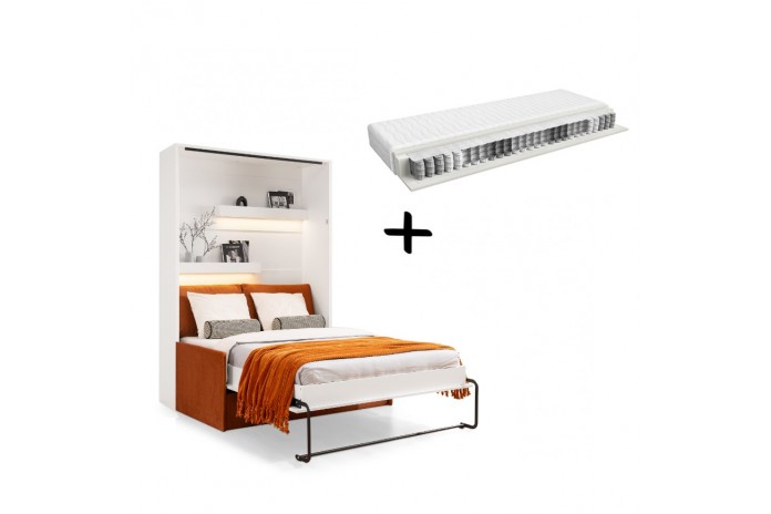 Armoire lit escamotable avec canapé Intégré 140x200 cm blanc mat + Matelas 140x200 cm + 2 oreillers offerts