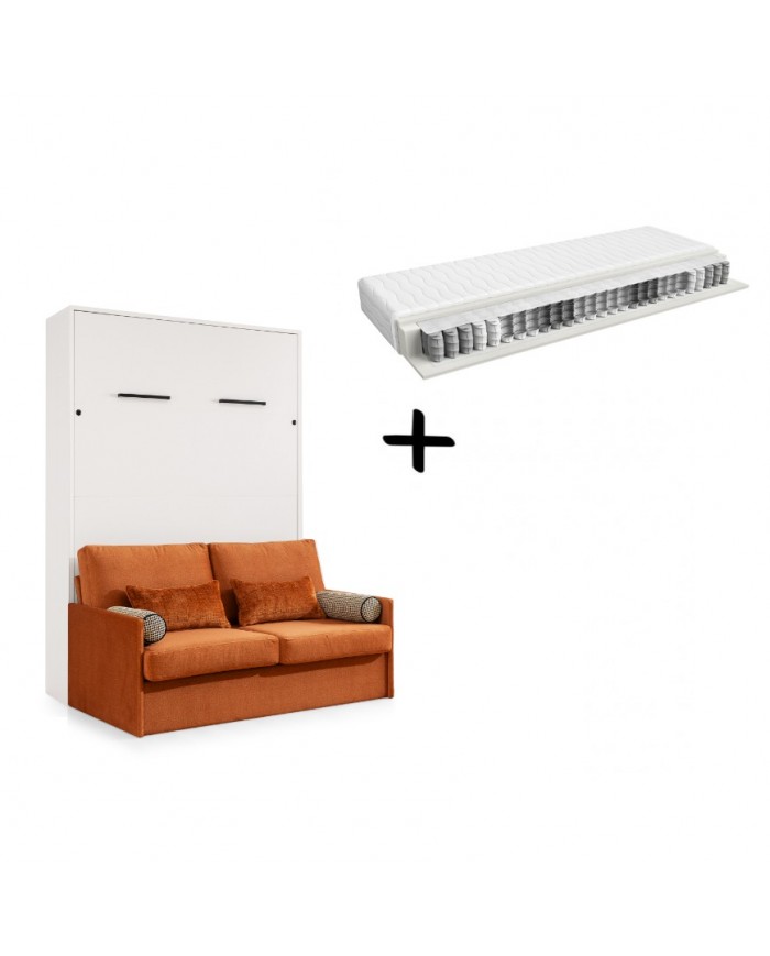 Armoire lit escamotable avec canapé Intégré 140x200 cm blanc mat + Matelas 140x200 cm + 2 oreillers offerts