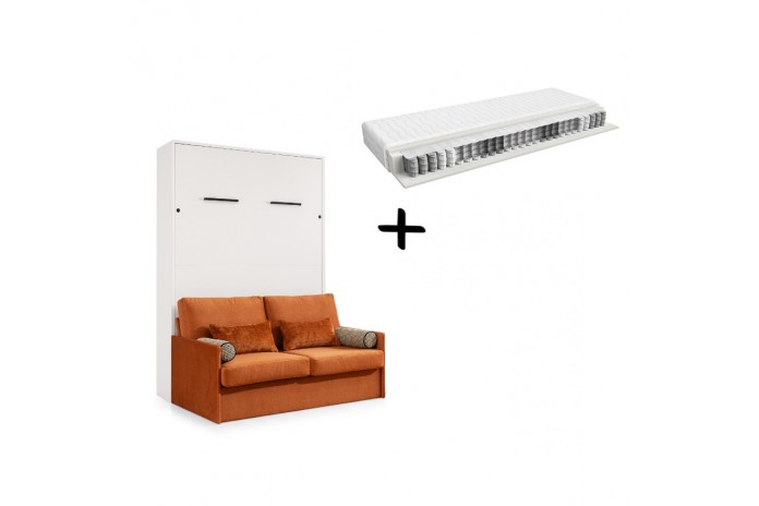 Armoire lit escamotable avec canapé Intégré 140x200 cm blanc mat + Matelas 140x200 cm + 2 oreillers offerts