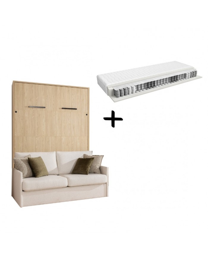 Armoire lit escamotable avec canapé Intégré 140x200 cm Chêne huilé + Matelas 140x200 cm + 2 oreillers offerts