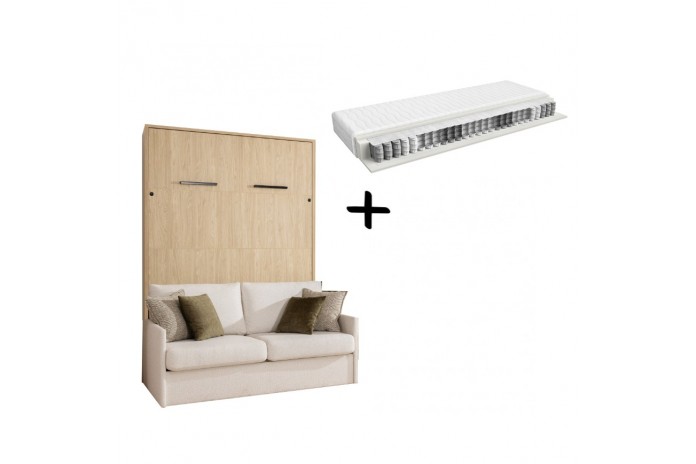 Armoire lit escamotable avec canapé Intégré 140x200 cm Chêne huilé + Matelas 140x200 cm + 2 oreillers offerts