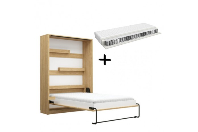 Armoire lit escamotable avec canapé Intégré 140x200 cm Chêne huilé + Matelas 140x200 cm + 2 oreillers offerts