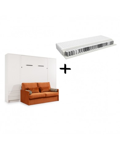 Pack : Armoire lit escamotable avec canapé intégré 140x200 cm blanc mat + 2 armoires blanc mat + Matelas 140x200 cm