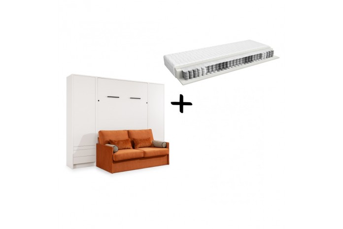 Pack : Armoire lit escamotable avec canapé intégré 140x200 cm blanc mat + 2 armoires blanc mat + Matelas 140x200 cm