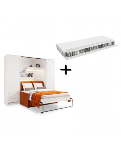 Pack : Armoire lit escamotable avec canapé intégré 140x200 cm blanc mat + 2 armoires blanc mat + Matelas 140x200 cm