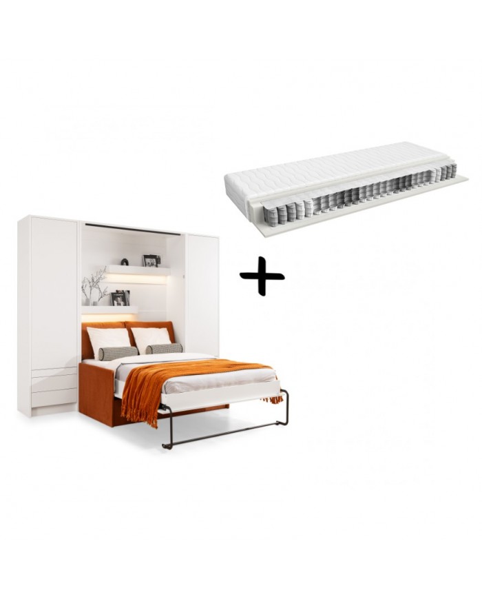 Pack : Armoire lit escamotable avec canapé intégré 140x200 cm blanc mat + 2 armoires blanc mat + Matelas 140x200 cm